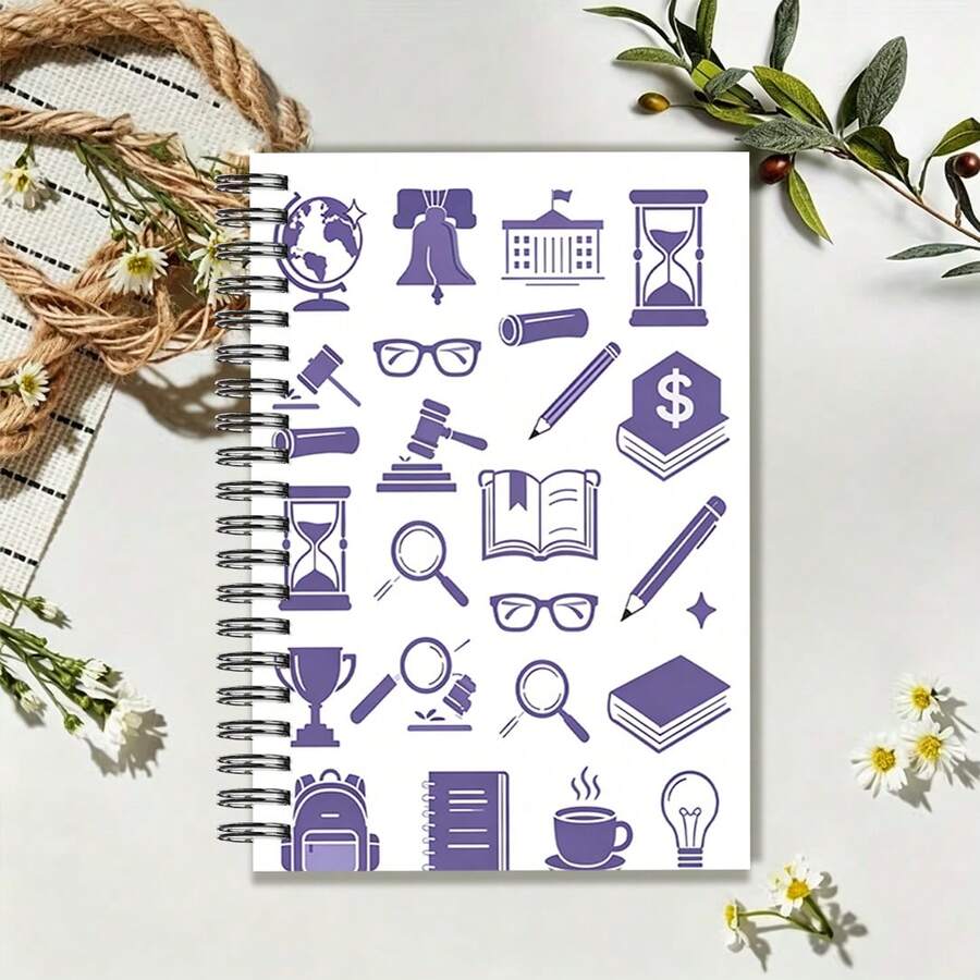 1pc A5 Notebook, Purple Cover With Simple Study & Office Icons, Spiral Bound Notepad Suitable For Back To School, Daily Notes And Study Planning - A5 - View 1
