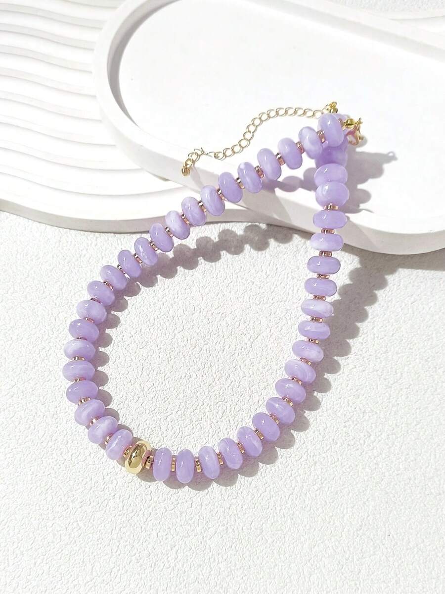 1pc Fashionable Vintage Exaggerated Bohemian Style Thick Purple Acrylic Beaded Necklace For Women