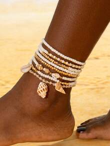imoli 8pcs/Set Bohemian Vacation Style Resin Handmade Beaded Multi-Layer Stacked Pendant Seashell Anklet Set, Perfect Gift For Women To Wear At Music Festivals, Beach Parties, And Gatherings - 27934-gwhite - View 4