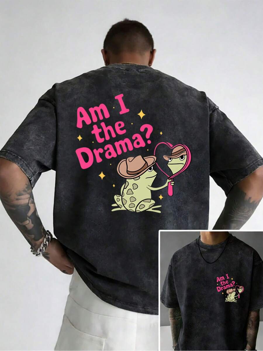 Camiseta Retro para Hombre Denim Frog Mirror Wash Vintage Desgastada, Moda Urbana para Compras y Entrenamiento - Negro - Ver 1