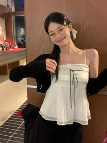 女士时尚百搭纯色披肩领长袖针织衫 黑色 - 黑色 - 查看 6