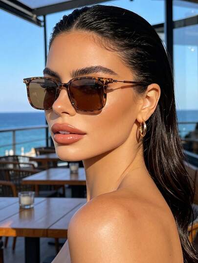 Leopard Print Rectangular Sunglasses For Women, Retro Square Large Frame Plastic Fashion Glasses, Classic Style For Outdoor Travel Beach Vacation Casual Wear, Summer UV Protection Driving Sunglasses