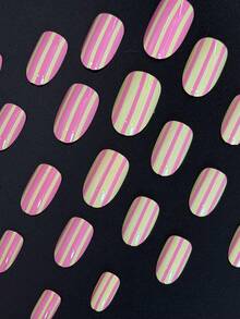24 buah kuku palsu oval bergaris pink dan kuning, dengan desain dua warna macaron, kuning dan pink lembut dipadukan dengan pola French bergaris, menciptakan suasana musim semi yang segar dan ceria. Sempurna untuk perjalanan sehari-hari, jalan-jalan musim semi, pesta, dan hadiah ideal untuk pecinta nail art dan keluarga! Dekorasi kuku, kuku palsu oval! - MultiWarna - View 5