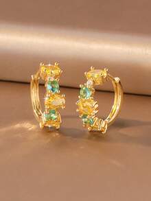1 Pair Women's Gold & Silver C-Shaped Earrings, Featuring Alternating Oval Yellow And Round Green Gemstone Embellishments, Silver Style Suitable For Summer Beach Accessories, An Ideal Jewelry Gift. - Multicolor - View 3