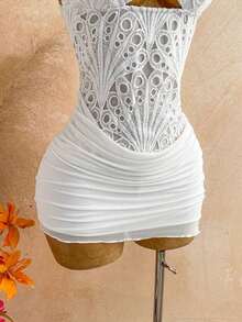Women's Sexy Pleated And Openwork Mini Dress With Top - Dark Grey - View 5