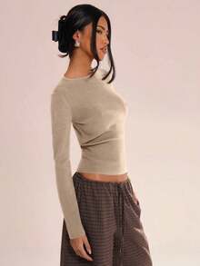 Top de cuello redondo de manga larga tejido, casual, para vacaciones, aeropuerto, días festivos, otoño, regreso a la escuela, elegante, primavera, verano - Rosa - Ver 8
