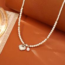 Delicate Oriental Lock Pendant Necklace, Copper-Based Gold Tone With Pearl Chain & Cubic Zirconia, Elegant Choker For Daily & Occasions - 金色 - 查看 5