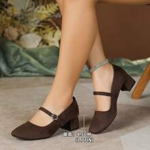 2026 New Black Velvet Square Toe Chunky Heel Mary Jane Shoes, Single Strap Commuter Style, Non-Slip, Versatile For Multiple Occasions - Brown - View 9