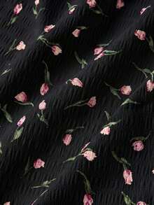 Vestido de moda con cuello cuadrado, mangas de pétalo y estampado floral para mujer - Negro - Ver 2