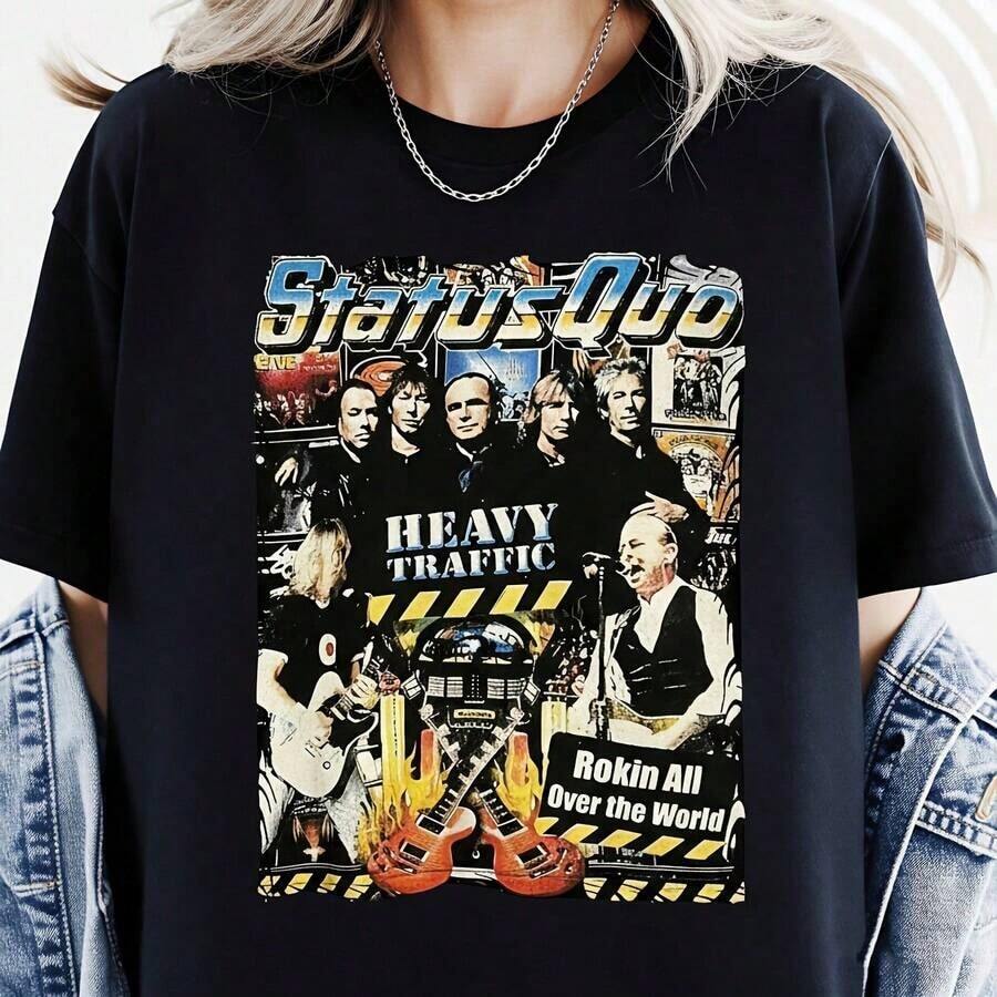 Camiseta Vintage para Hombre de las Bandas Status Quo y Heavy Traffic - Camiseta con Gráficos Mexicanos de Estilo Retro, Regalo para Novio, Camiseta Casual de Cuello Redondo para Uso Durante Todo el Año, 100% Algodón, 1 Pieza, 180g - Negro - Ver 1