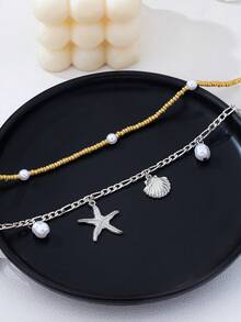 2 piezas Cadena para la cintura con cuentas de estilo bohemio con conchas y estrellas de mar de la serie oceánica para mujeres - Plateado - Ver 4