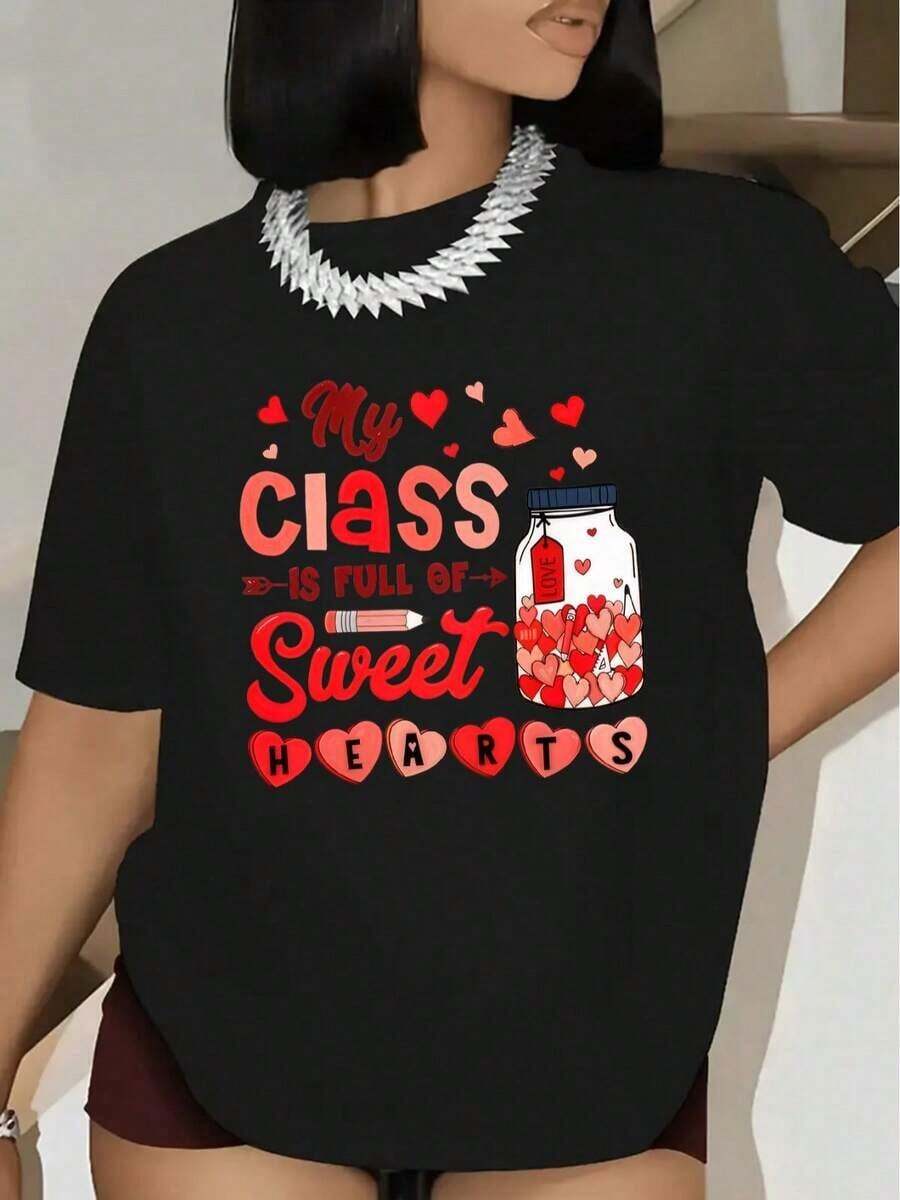 Women's Valentine's Day T-Shirt For Teachers, Compatible With Icon Prints (Hearts, Pencils, Books) - Lightweight And Breathable Polyester Top, Casual, Short Sleeve, Crew Neck - Valentine's Day Gift For Teachers, Events - With Heart Design, Machine Washable 7UP7 - 黑色 - 查看 1