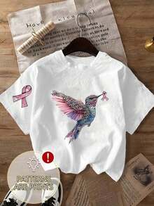 [Flash ] Women's Short-Sleeved T-Shirt With Round Neck, Crystal Hummingbird Print And Pink Ribbon, For Spring/Summer/Autumn - 風格 - 查看 2