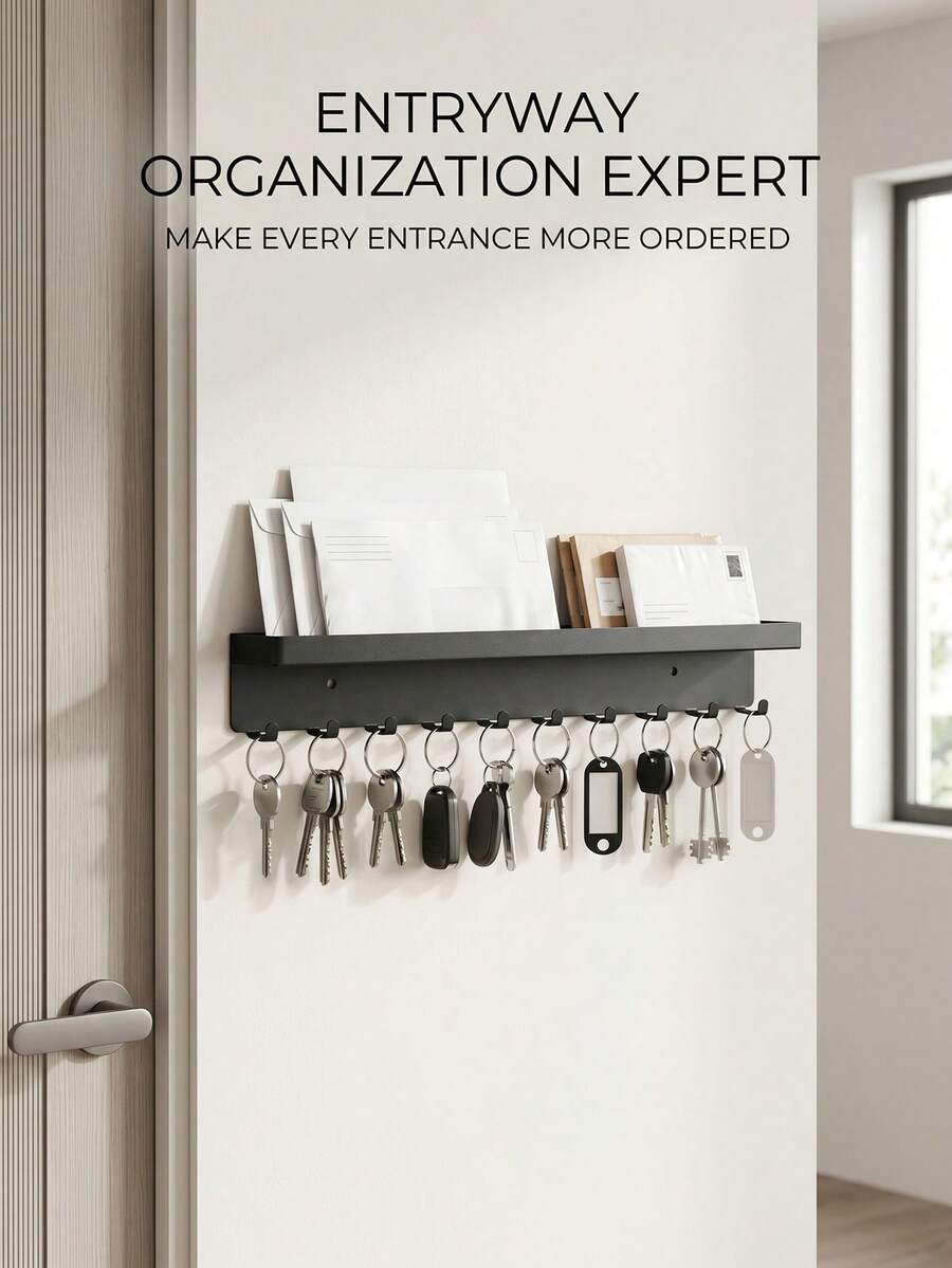 1pc Wall Mounted Key Holder With Hooks And Shelf, Easy To Install, Space Saving, Wall Hanging Storage Rack For Keys, Mail, Coats And More. Suitable For Entryway, Kitchen, Office And Other Locations. - Black - View 1