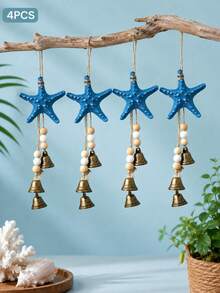 Resin Starfish Wind Chime With Bell - Ocean Theme Home Decor, Outdoor Patio Decoration | Blue Starfish, Wooden Beads, Vintage Metal Bell | Summer, Seaside, Mediterranean, Boho Style Home Decor - Wind Chimes - View 8