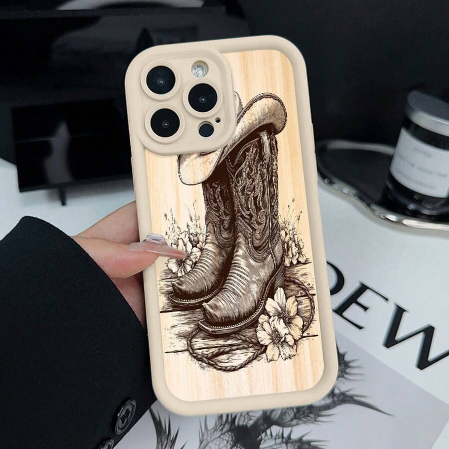 Phone Case - Western Boot Design Pattern Phone Case For Iphone16Promax, 16 15Pro 14PLUS 13 12Pro 11 Pro Max X XSMAX Shockproof Silicone Bumper Drop Protection Soft Back Cover - White - View 1
