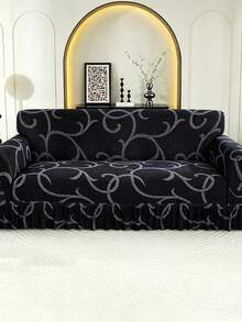 1pc Printed Ruffled Elastic Sofa Cover, Dust-Proof And Dirt-Resistant, Stretch-To-Fit Full Coverage Sofa Protector, Home Decor, Machine Washable - Black - View 14