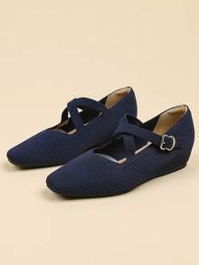 Women's Square Toe Low Vamp Knit Breathable Mary Jane Strap Adjustable Buckle Solid Color Casual Hidden Wedge Shoes, Suitable For Petite, Wearable All Seasons - Royal Blue - View 5