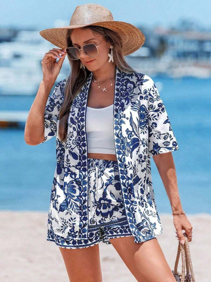 2026 Conjunto de kimono de algodón blanco con arrugas + shorts, conjunto casual de vacaciones para primavera/verano - Multicolor 5 - Ver 1