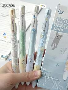 Set de 4 bolígrafos con patrón de gato lindo, color neutro suave arenoso, tinta negra de 0.5mm a base de agua de secado rápido y suave, adecuado para estudiantes, oficina, regalo para niñas, regreso a la escuela - Color aleatorio - Ver 2