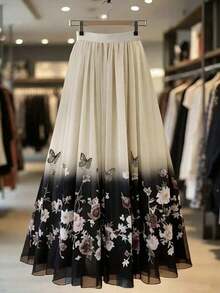 larga de tul color rosa suave con estampado vintage de rosas y mariposas - Cintura relajada, fluida y elegante falda de hada - Multicolor - Ver 2