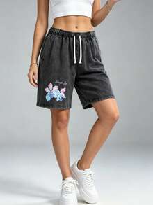 Unisex Floral Print Washed Bermuda Shorts, Elastic Waist Casual Shorts, Summer Loose Fit Shorts With Pockets - Black - View 6