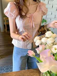 2016 Blusa de manga corta ceñida con cinturón y mangas abullonadas, color rosa, tops lindos para primavera/verano - Verde militar - Ver 9