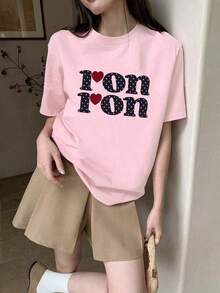 [ 100% Cotton ] Recommended New Products For Summer 2026: Lace Logo T-Shirt, Summer Dress, Women's Fashion T-Shirt, Short Sleeve Office Casual 200g Cotton Cartoon Character Printed Loose White Top, Y2K Women's Top, Spring Dress Top - Pink - View 6