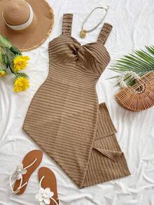 MEXSoleia Vestido midi de verano con estampado de rayas de contraste y abertura, estilo bohemio para mujerMEX BBAV - Marrón - Ver 12