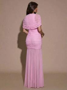 MEXSHEIN  Vestido ajustado con pliegues elegantes, adecuado para cóctel, cita romántica, capas de otoño/invierno, fiesta, reunión formal, Halloween, NavidadMEX YP2V - Rosa Pálido - Ver 2