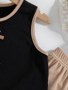 2 Stück Mädchen Casual Ausgehmode Kontrast Farbe Rundhals 3D Schleife Dekor Ärmellos Top und Fake Kordelzug Lang Hose Set, Sommer - Khaki - Übersicht 5