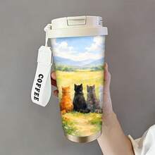 1件/5件 500ml 貓咪與粉色花卉印花保溫咖啡杯，附翻蓋與「Coffee」掛繩，304不鏽鋼防漏旅行杯，適用冰咖啡、果汁、牛奶，適合戶外與居家使用，貓奴完美禮物 - 多色-貓咪群像 - 查看 14