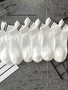 6 Pairs/Set White Striped No-Show Socks, For Gym Sports - White - View 3
