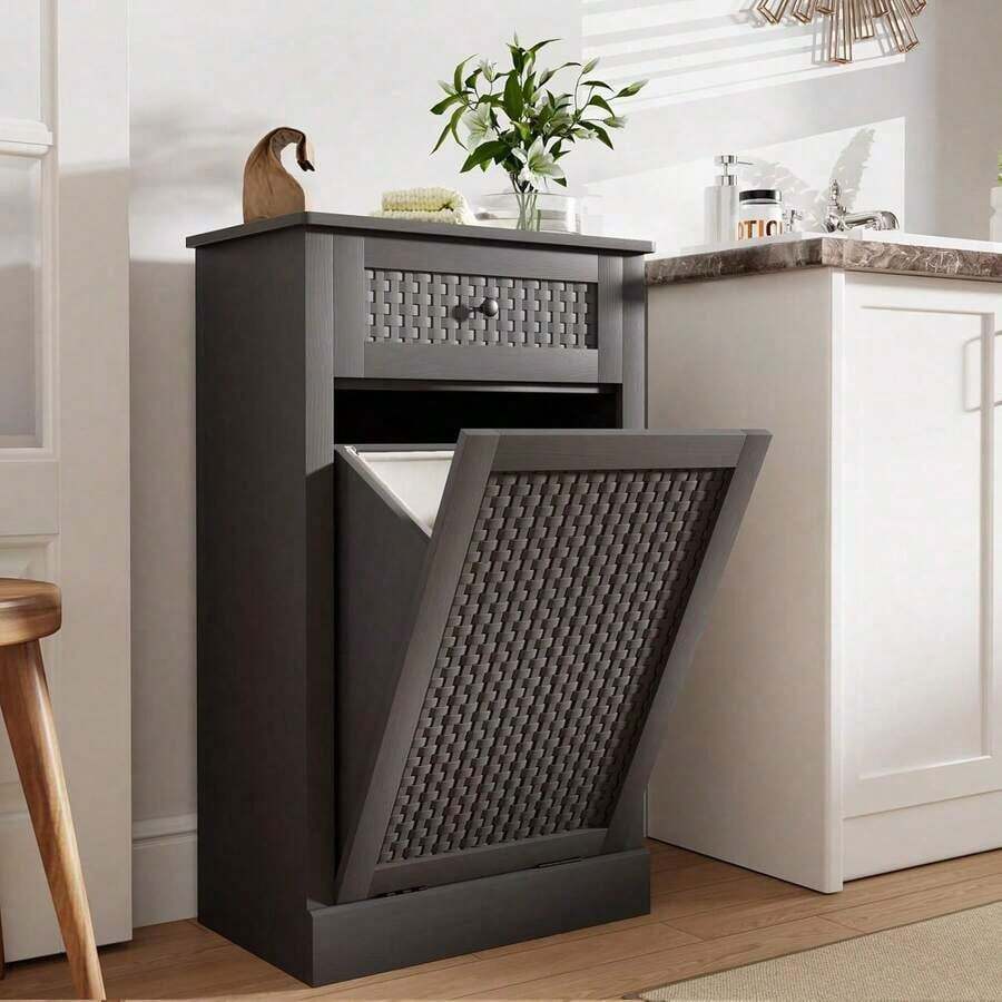 Armario para Ropa Sucia con Cajón Extraíble, Estilo Ratán, Organizador de Lavandería con Cesta de Ropa Sucia Extraíble, Cesto de Madera Oculto para Ropa Sucia con Cajón, 21.6" L X 13" W X 35.8" H, Gris - Gris - Ver 1
