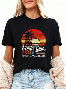 Punta Cana 2026 MAKING MEMORIES Letter Print T-Shirt, Short Sleeve, Round Neck, Casual Top For Summer And Spring, Women's Clothing - 黑色 - 查看 8