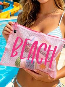 多色防水時尚網格布海灘包,印有「Beach」字樣彩妝包,海灘主題。大容量透明化妝包,附尼龍拉鍊盥洗包 - 輕量,可存放文件、文具、防曬霜、零食、比基尼和海灘必需品。春夏收納,非常適合游泳、海灘、潛水和夏季度假 - 彩色 - 查看 9