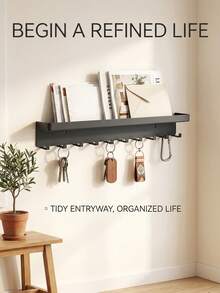 1pc Wall Mounted Key Holder With Hooks And Shelf, Easy To Install, Space Saving, Wall Hanging Storage Rack For Keys, Mail, Coats And More. Suitable For Entryway, Kitchen, Office And Other Locations. - Black - View 3