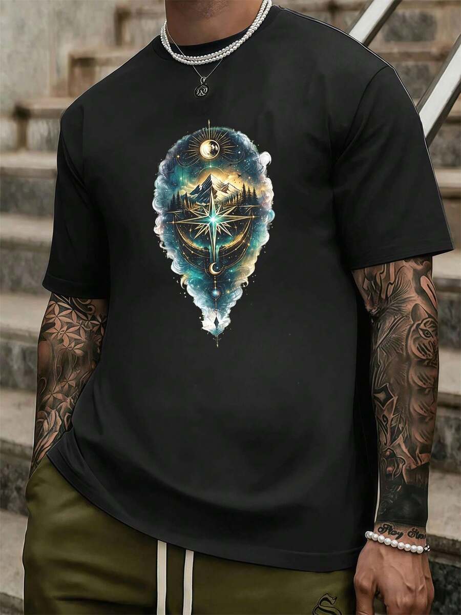 T-shirt da uomo con grafica Galaxy Mountain, in morbido cotone, girocollo, vestibilità ampia, comoda, stile street hip-hop - nero - Visualizzare 1