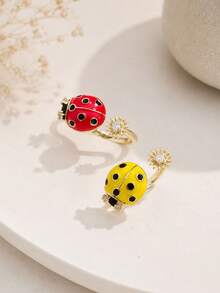 1 pieza Anillo abierto giratorio de mariquita de cobre, anillo giratorio de mariquita esmaltado con flor de circonita, anillo abierto ajustable de animal - Anillo giratorio con forma de mariquita - Ver 3