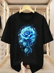 Men's Plus Size T-Shirt, 100% Cotton, Crew Neck T-Shirt With Exquisite Blue Rose Print, Stylish And Versatile Design, Comfortable And Casual Short Sleeve T-Shirt For Summer, PLUS SIZE - 黑色 - 查看 1