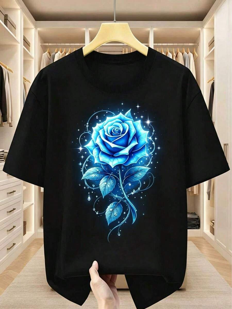 Men's Plus Size T-Shirt, 100% Cotton, Crew Neck T-Shirt With Exquisite Blue Rose Print, Stylish And Versatile Design, Comfortable And Casual Short Sleeve T-Shirt For Summer, PLUS SIZE - 黑色 - 查看 1