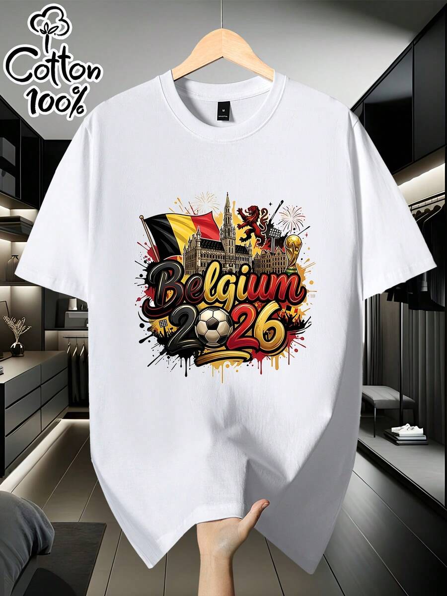Men's Short-Sleeved T-Shirt, 100% Cotton, Loose And Comfortable, With A "Belgium" Themed Print [Licensed By ], Stylish Design, Full Of Personality, An Excellent Choice For Daily Wear, Perfect Gift For Men, Birthday Gift, Holiday Gift, Everyday Use. - 白色 - 查看 1
