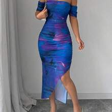 Vestido de mujer elegante con hombros descubiertos, teñido anudado y abertura, vestido maxi de otoño para mujeres - Rosado Sandía - Ver 6