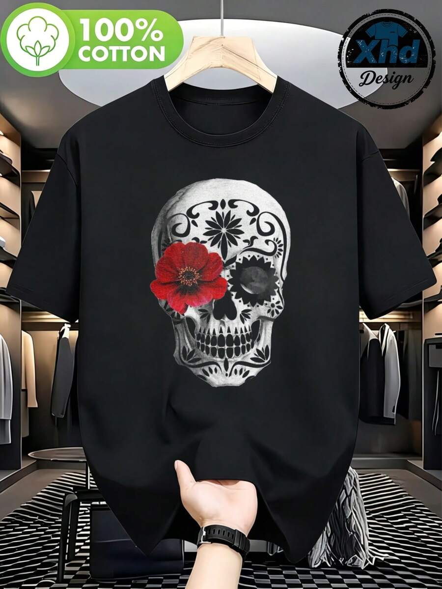 Camiseta para hombre Calavera con Diseño de Flor Roja Cómodo y versátil Casual al Aire Libre de Manga Corta - Negro - Ver 1