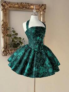 Lovelzi Vestido elegante, romántico y de moda de tela jacquard burdeos con escote halter, espalda descubierta y manga larga en corte evasé, adecuado para ceremonia de graduación, apertura de escuela, festival de música, fiesta de cumpleaños, boda, té de la tarde, baile de graduación - Verde Oscuro - Ver 4