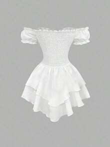 Vestido corto romántico y dulce para mujer, con hombros descubiertos, mangas abullonadas, cintura con cordón, bajo asimétrico con volantes, elegante y refinado vestido blanco para fiestas y citas en primavera/verano - Blanco - Ver 2