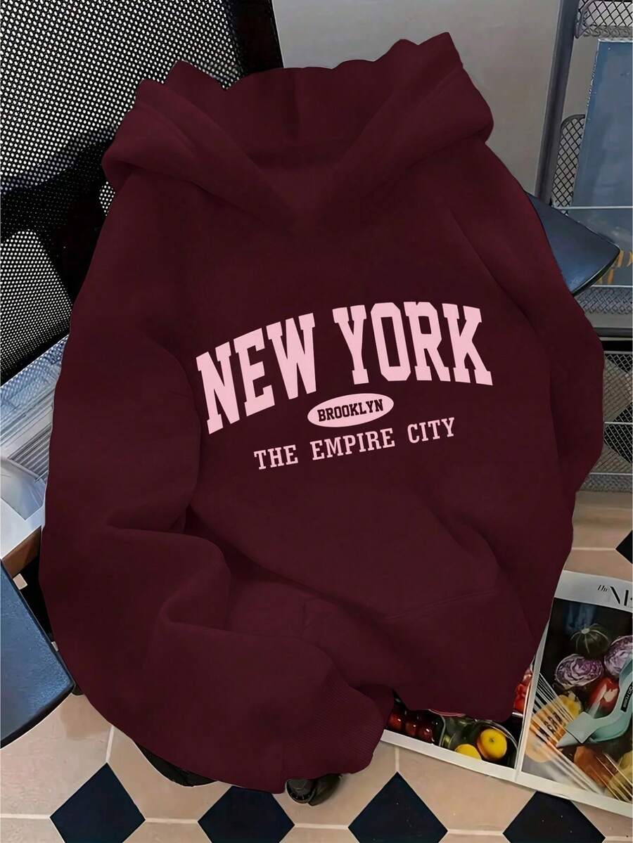Women's Kangaroo Hoodie, Warm Fleece-Lined Sweatshirt With "New York Brooklyn" Print, Various Colors, Cheapest Price - 紫紅色 - 查看 1