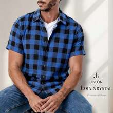 LK Checkered Printed Men's Short-Sleeve Dress Shirt For June Festivals - 藍色 - 查看 2