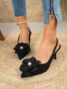 Women's High Heel Sandals, Non-Slip Soft Bottom Suede Floral Pearl Decor Pointed Toe Low-Cut Backstrap Stiletto Mules, European And American Elegant Style For Spring/Summer, Suitable For Work, Commute, Date, Party, Wedding, Vacation, Daily Wear, Black - Black - View 3