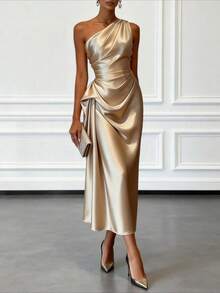 Elegant Satin Pleated Figure-Hugging Evening Gown For Women Chic And Premium V-Neck Midi Dress - 卡其色 - 查看 1